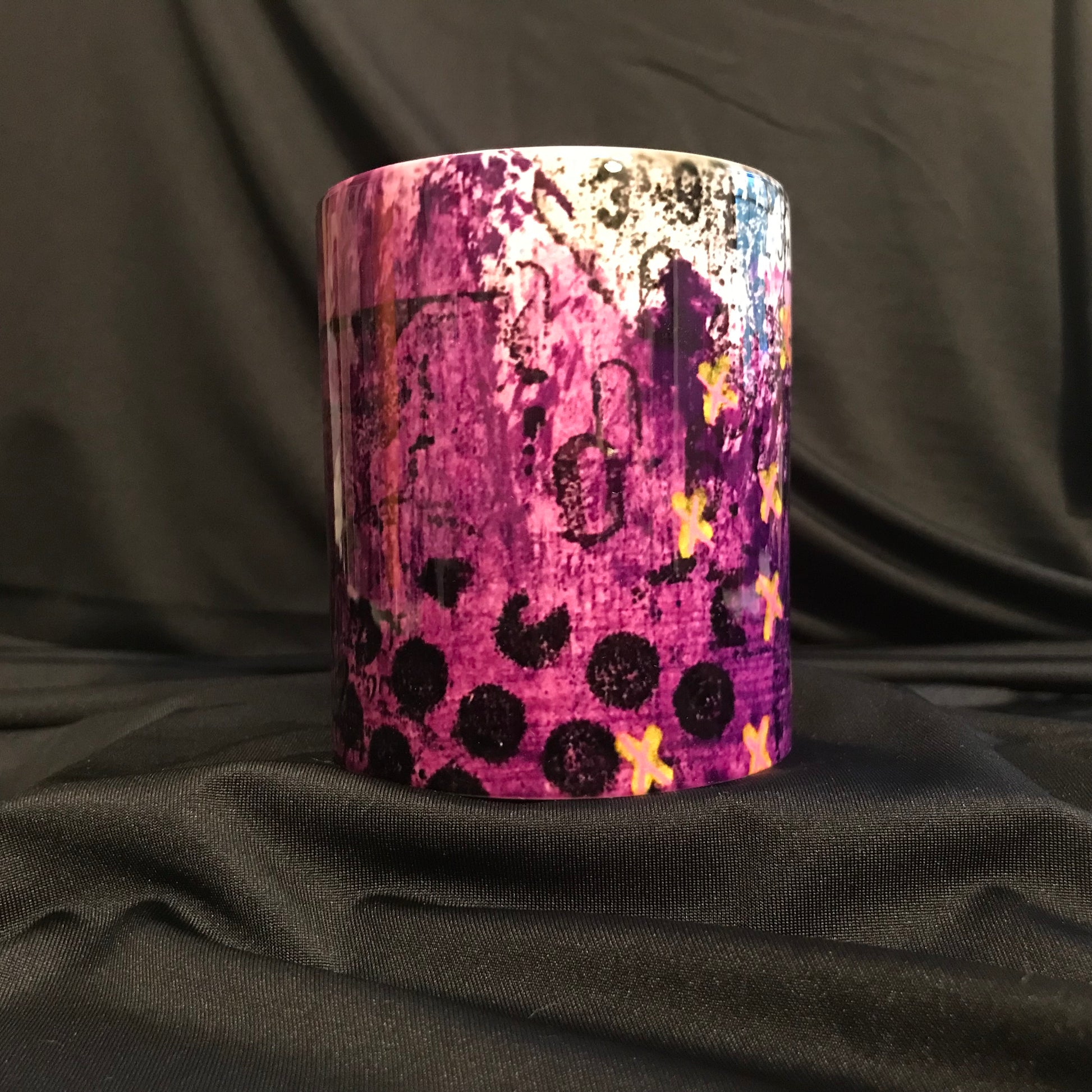 Grungy purple design with black numbers, dots and marks. High gloss finish.