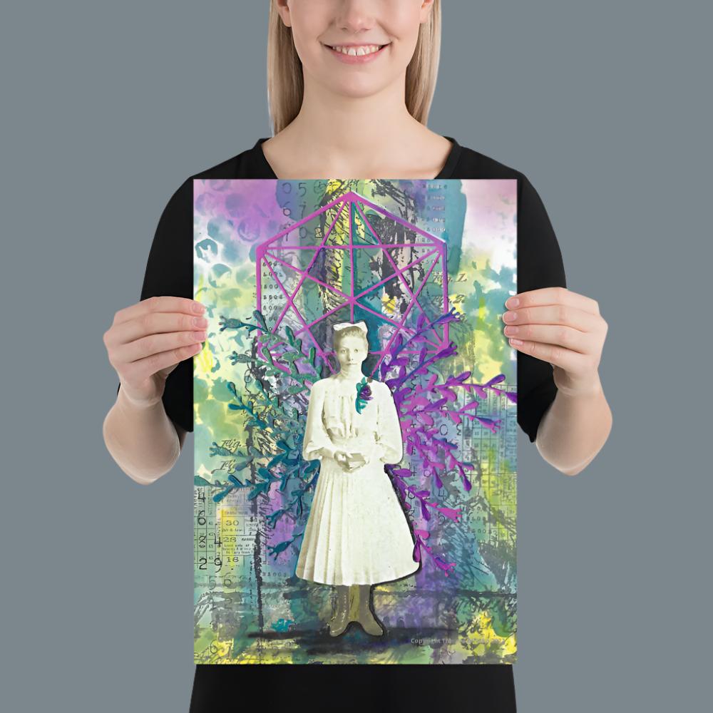 Art print poster girl in front of abstract background